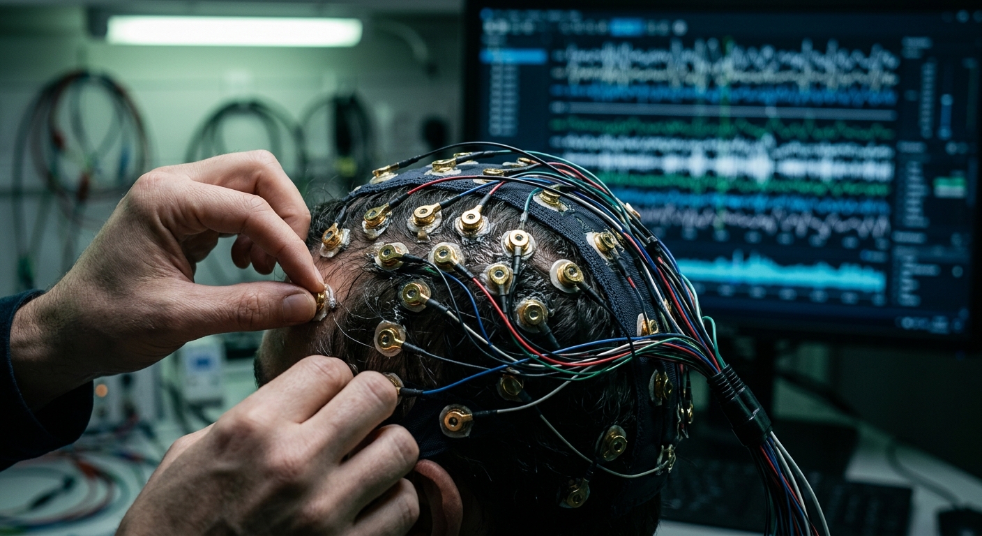Criança realizando alongamento ao ar livre enquanto segura um tablet com gráficos de ondas cerebrais coloridas