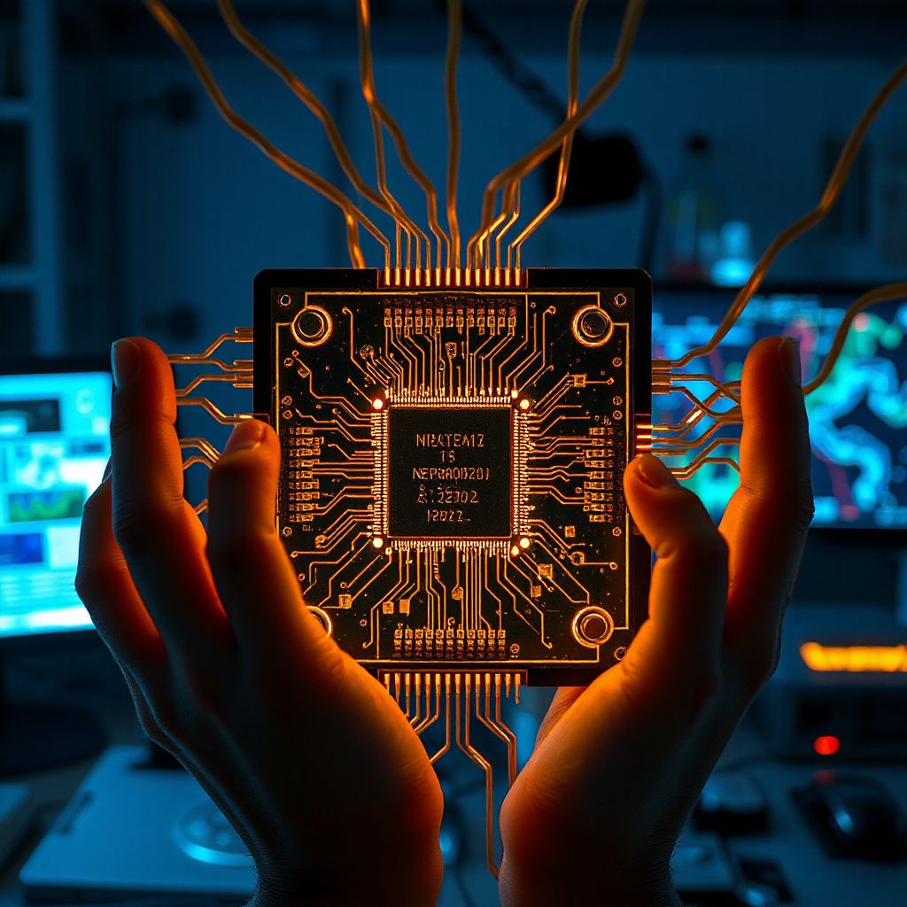Chip neuromórfico ao lado de halteres, maçã verde e smartwatch sobre bancada de laboratório