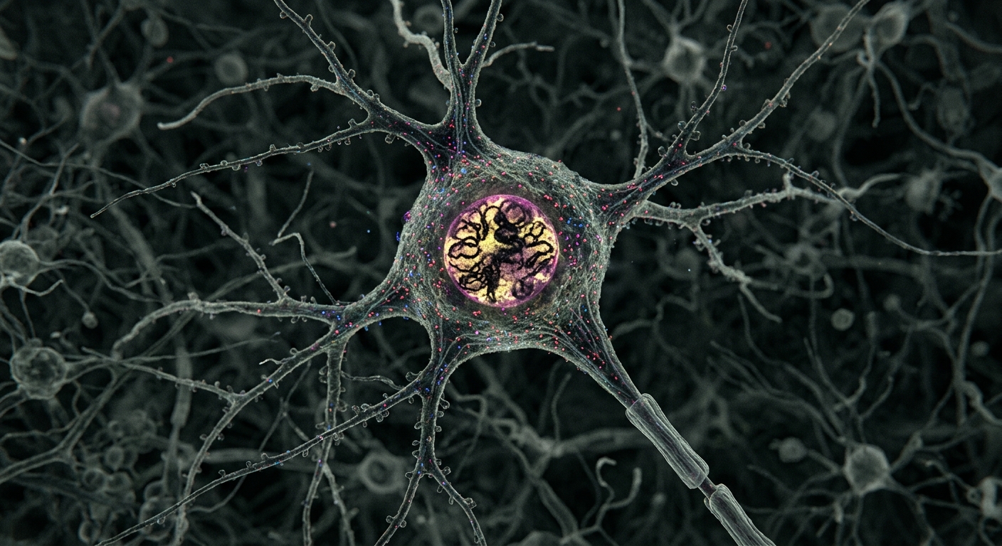 Cientista segurando tubo de ensaio ao lado de modelo 3D de neurônio e halteres