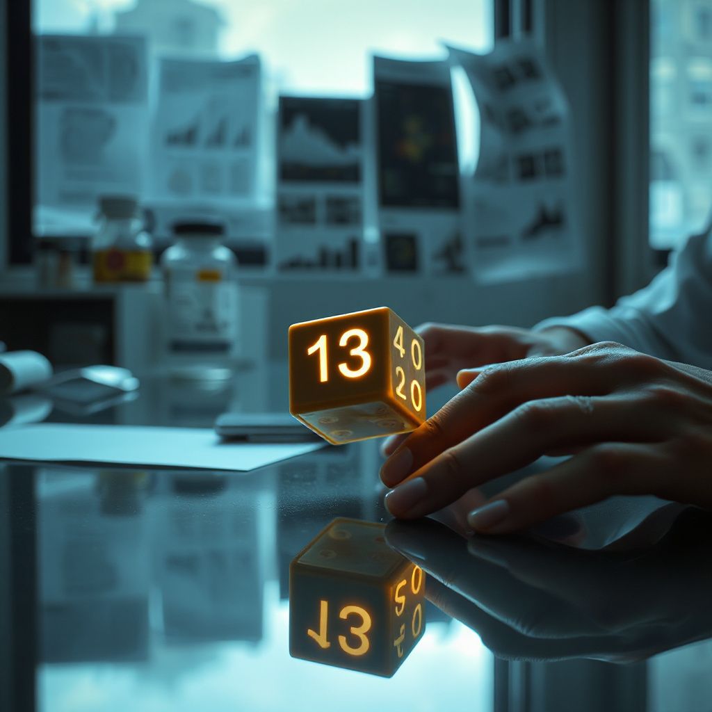 Mãos segurando bolas de loteria coloridas ao lado de um formulário de proposta de pesquisa sobre uma mesa