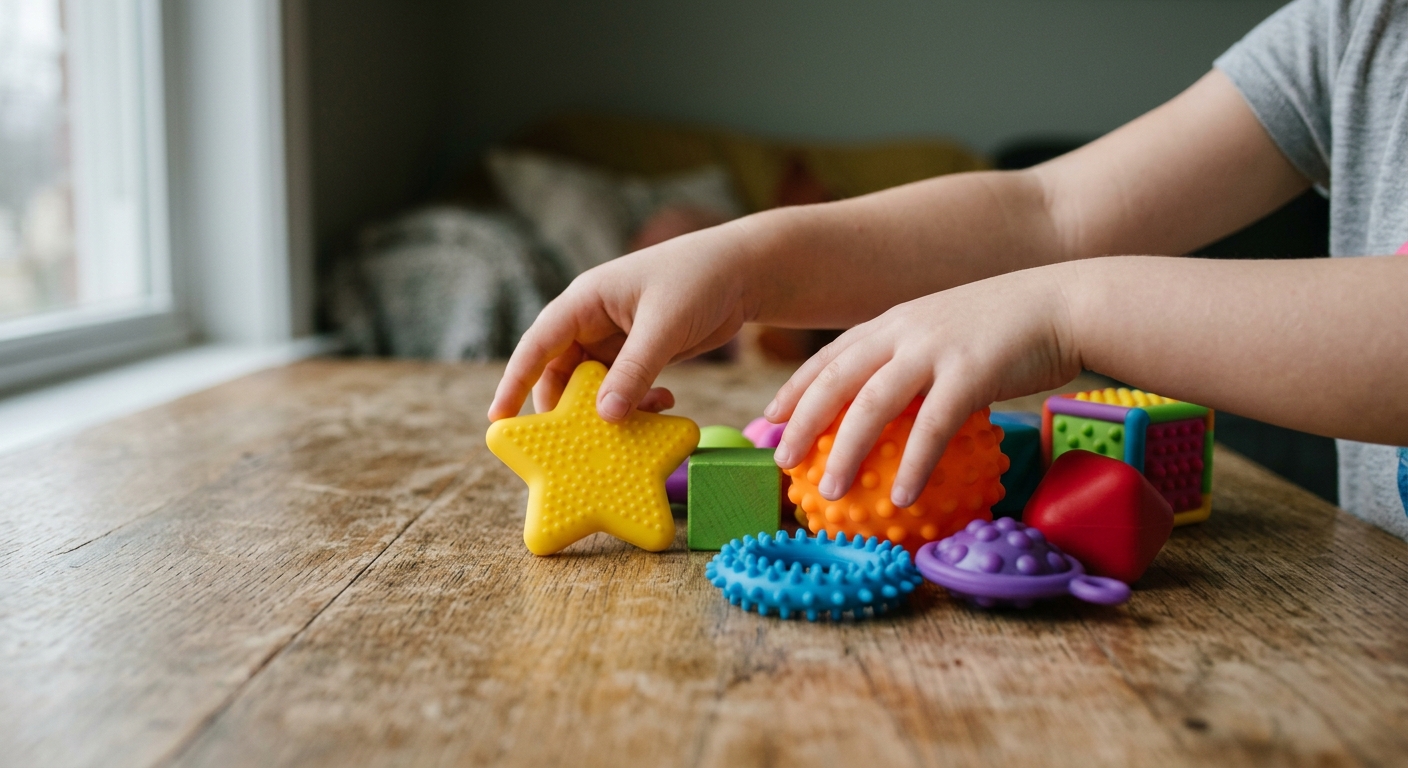 Família reunida ao redor de uma mesa, com papéis de avaliação, brinquedo educativo e laptop aberto