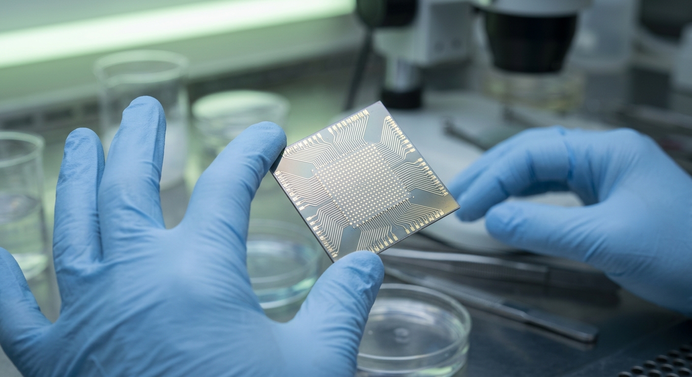 Cérebro humano ao lado de um chip com circuitos neurais iluminados, ligados por linhas de código que simulam sinapses