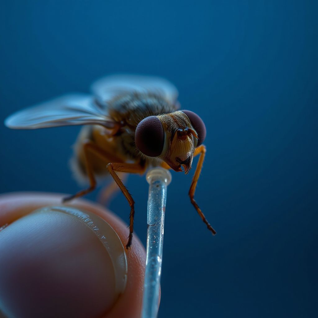 Fruta cortada ao lado de um frasco de suplemento de proteína, com uma mosca pousada sobre a casca