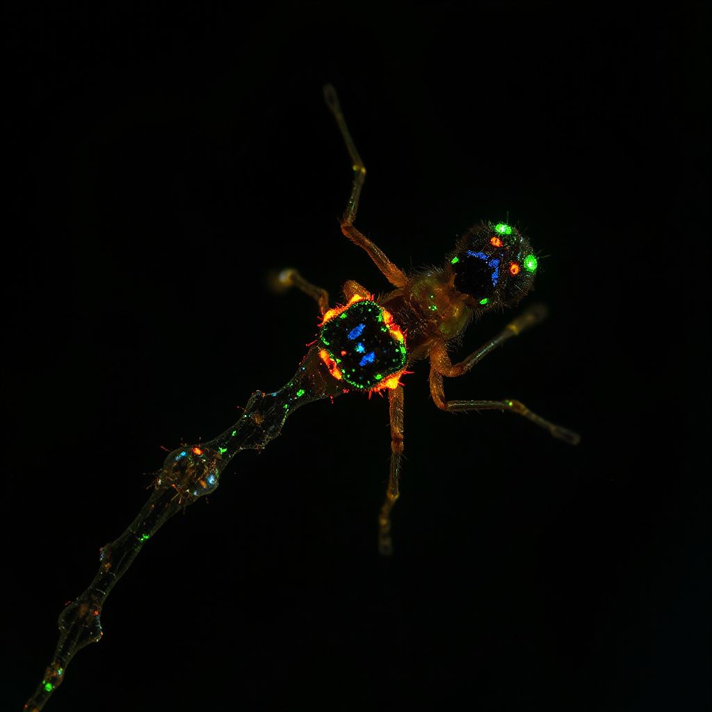 Cérebro de mosca em cores vibrantes sobreposto a um atleta correndo na esteira, destacando neurônios e energia