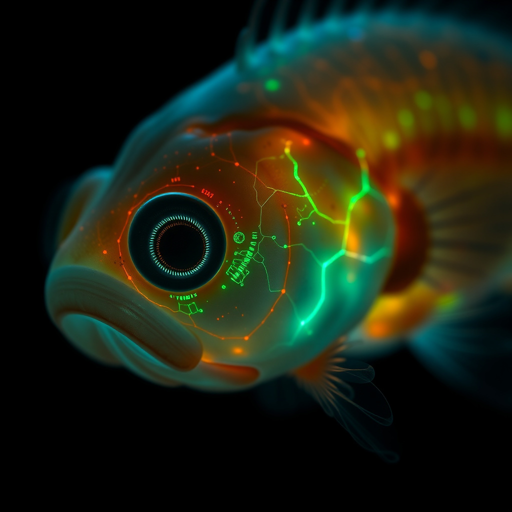 Aquário com zebrafish nadando, microscópio ao fundo e tela exibindo mapa cerebral em cores