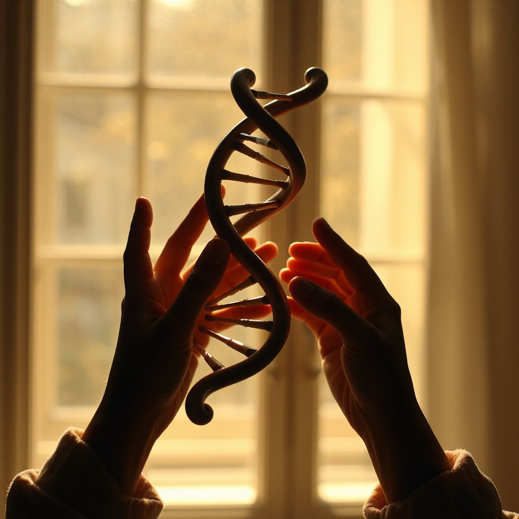 Cientista analisando DNA em bancada, com microscópio e tubos de ensaio ao fundo