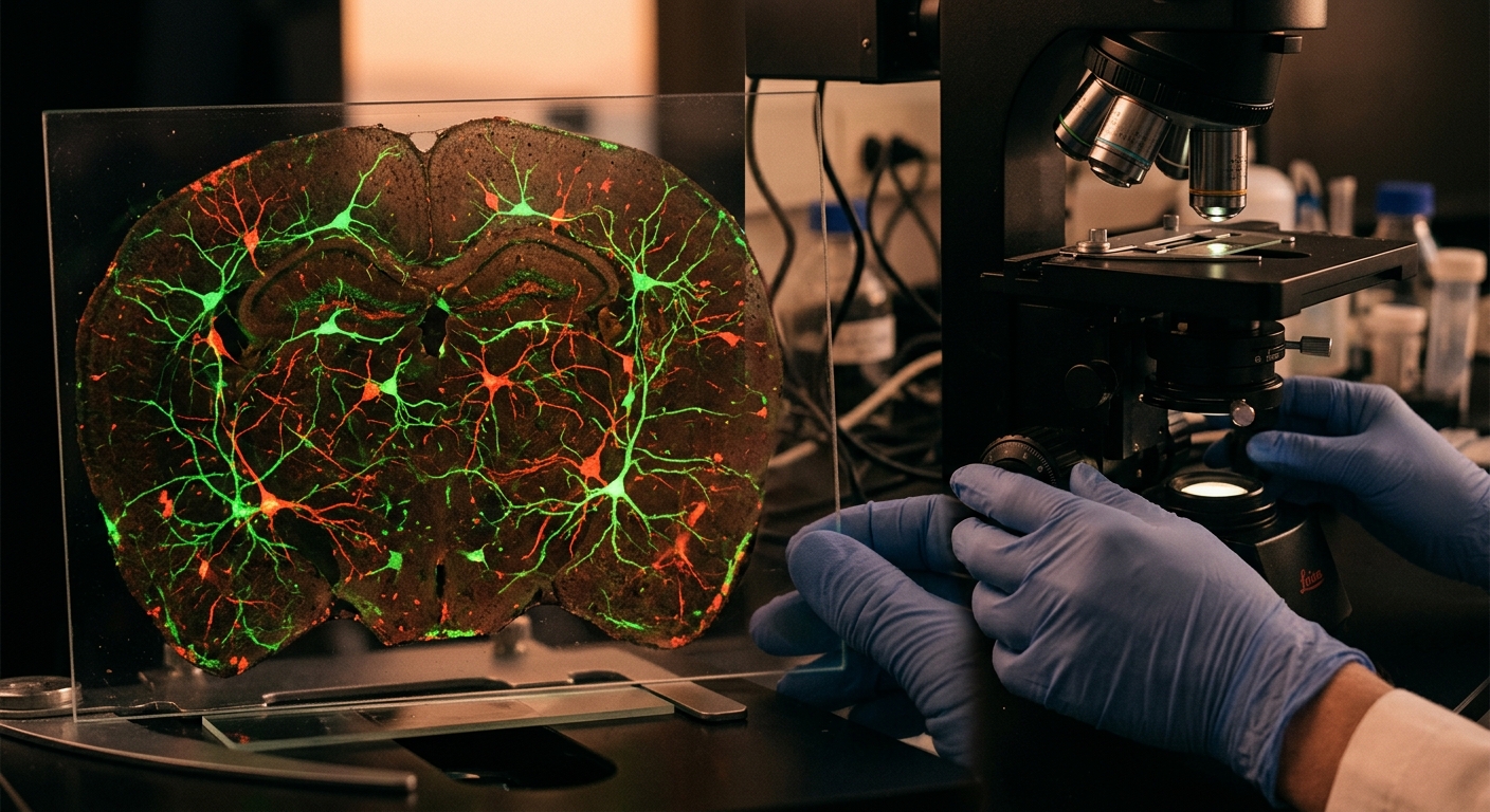 Um cérebro humano com neurônios ativados, representados por luzes acesas, em um ambiente de estudo com livros e equipamentos de treinamento físico