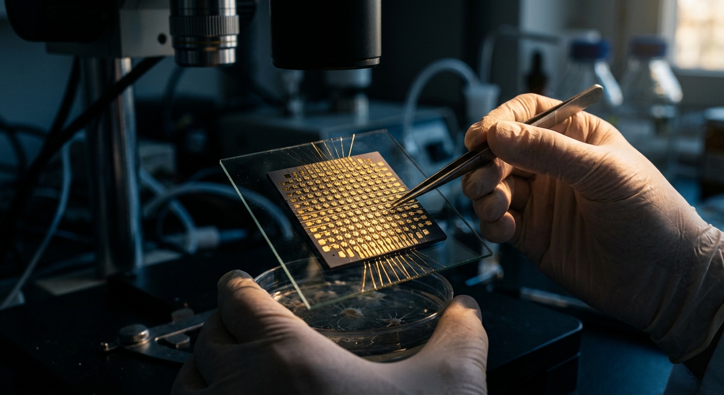 Uma pessoa com capacetes de EEG e uma placa de computador ao lado, com um gráfico de ondas cerebrais em tela