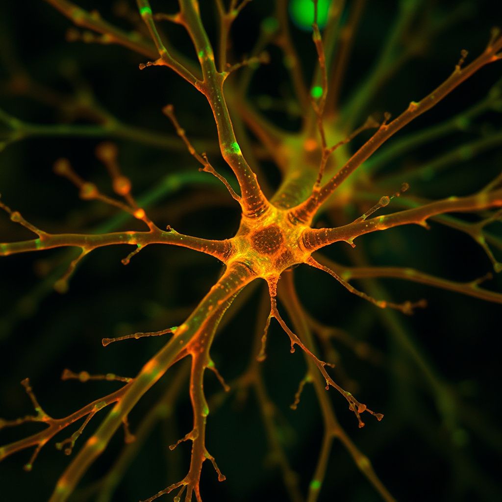 Cérebro de rato colorido em 3D mostrando vias serotonérgicas iluminadas sobre fundo escuro