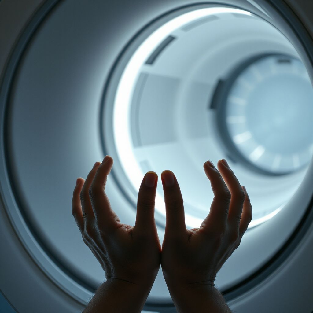 Camundongo alerta dentro de tubo de ressonância magnética, com cabos e monitor de sinais vitais ao fundo