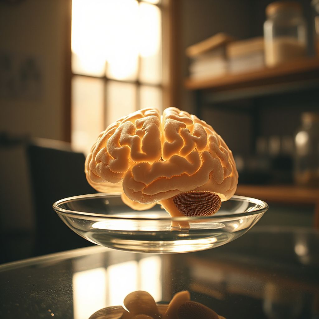Cientista segurando tubo de ensaio ao lado de modelo 3D de cérebro com destaque em genes
