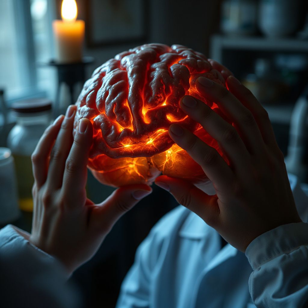 Organoide cerebral humano em cultura ao lado de um camundongo sem córtex, com microscópio e tubos de ensaio ao fundo