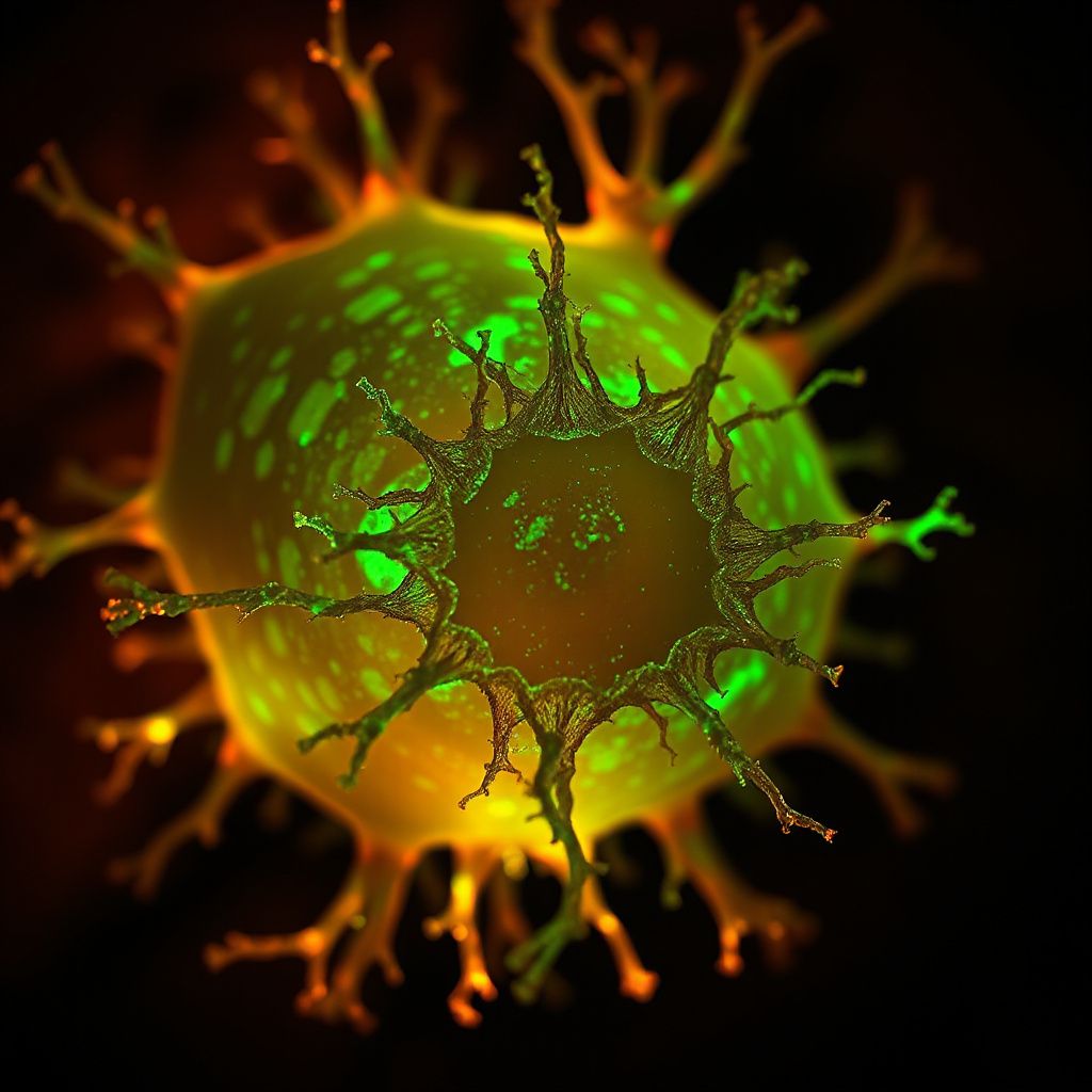 Microscópio mostrando organoides cerebrais humanos com células astrogliais inflamadas, destacando estruturas vermelhas