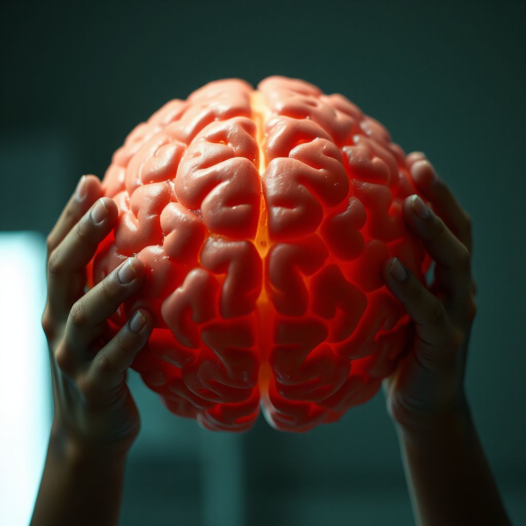 Cientista segurando tubo de cultura com organoides cerebrais fluorescentes ao lado de microscópio