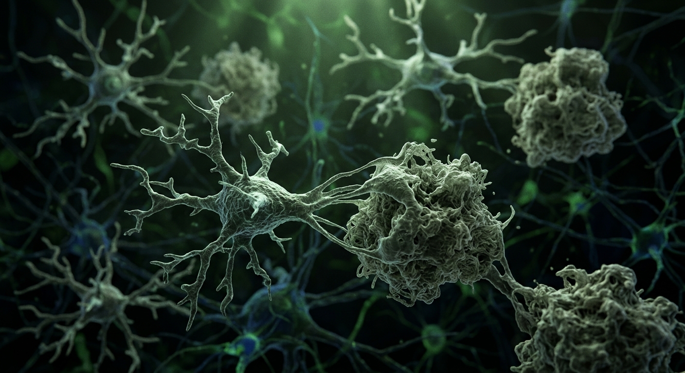 Uma mulher saudável comendo frutas e legumes, ao lado de um diagrama cerebral com microglia em ação