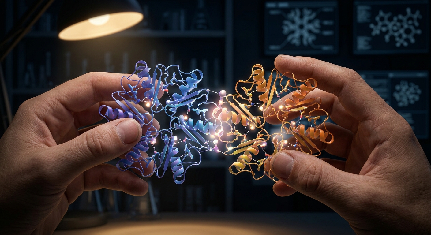Uma mão segurando uma lente de microscópio, com uma imagem de circuitos cerebrais projetados ao fundo