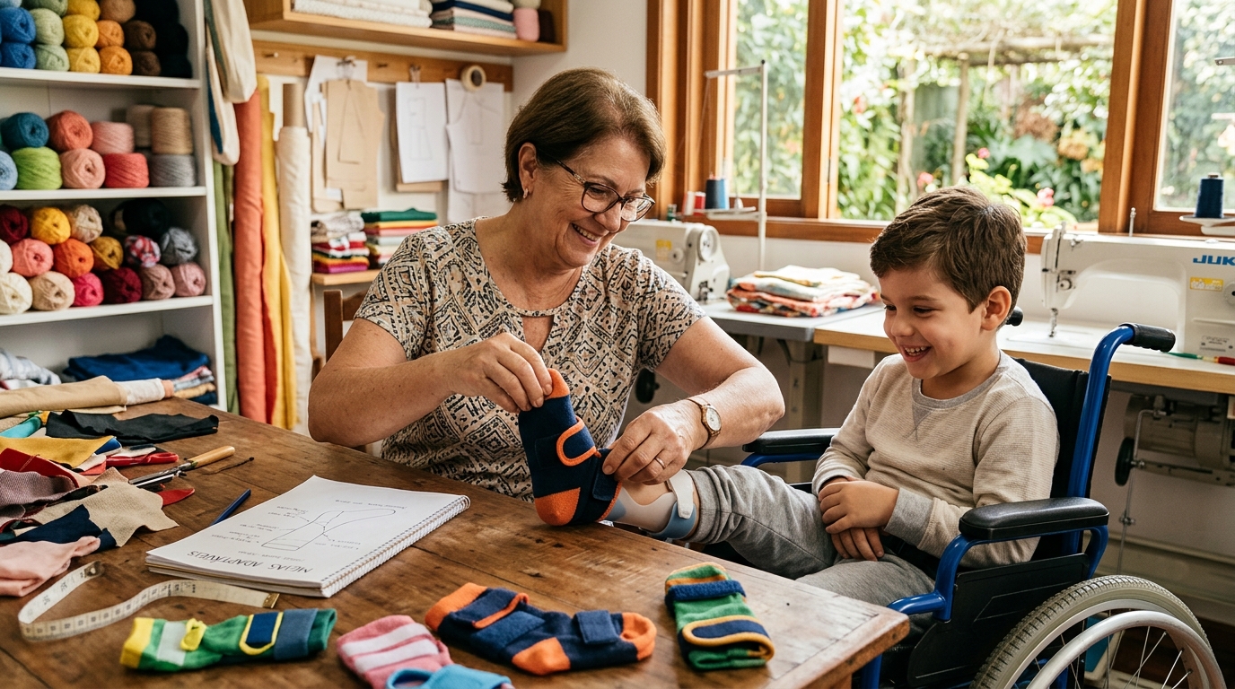 Inspirada pelo neto com deficiência, mulher inventa meias adaptáveis